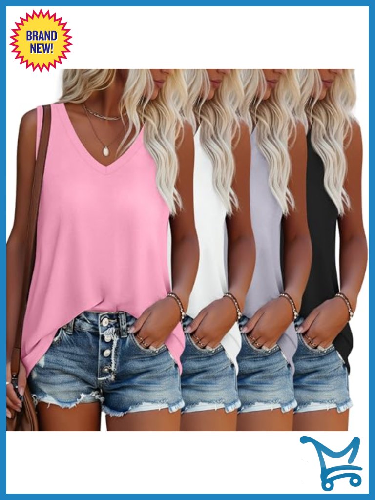 4 Pack Women's Loose Fit V Neck Sleeveless Cotton Spandex Tank Tops